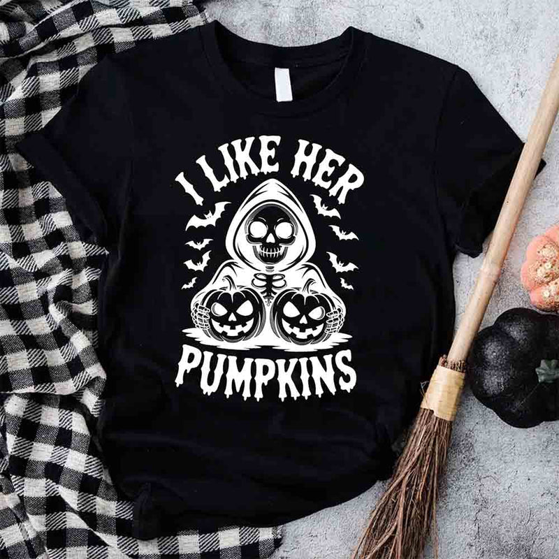 I Like Her Pumpkins & His Broomstick Shirts | Funny Matching Halloween Couple T-Shirts