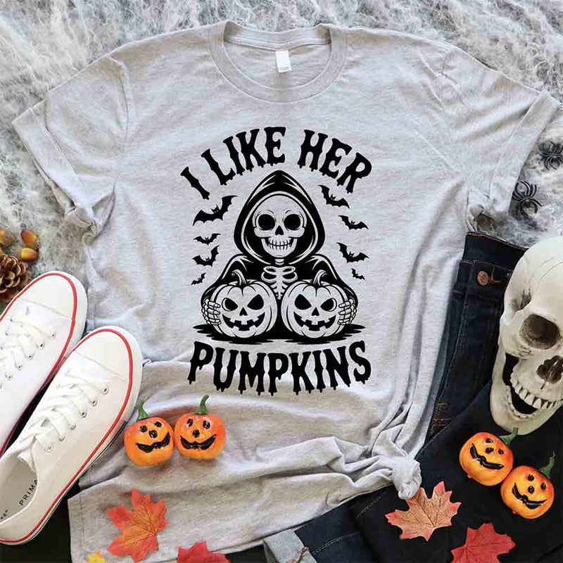 I Like Her Pumpkins & His Broomstick Shirts | Funny Matching Halloween Couple T-Shirts