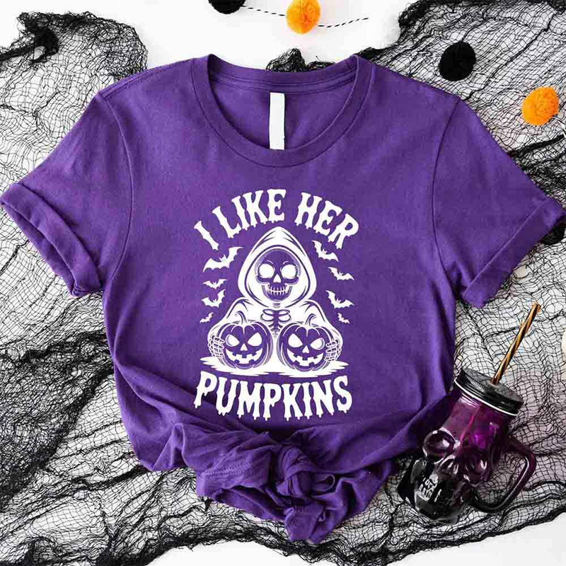 I Like Her Pumpkins & His Broomstick Shirts | Funny Matching Halloween Couple T-Shirts