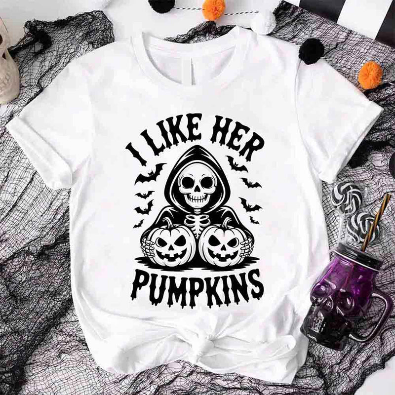 I Like Her Pumpkins & His Broomstick Shirts | Funny Matching Halloween Couple T-Shirts