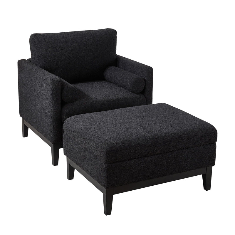 Farmhouse Upholstered Accent Chair With Ottoman, Reversible Lid Coffee Table