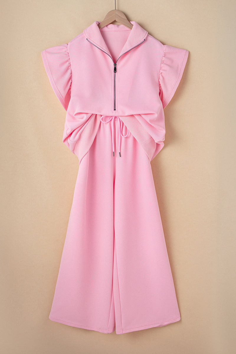 Kallie Ruffled Sleeve Zipped Top and Wide Leg Pants Set