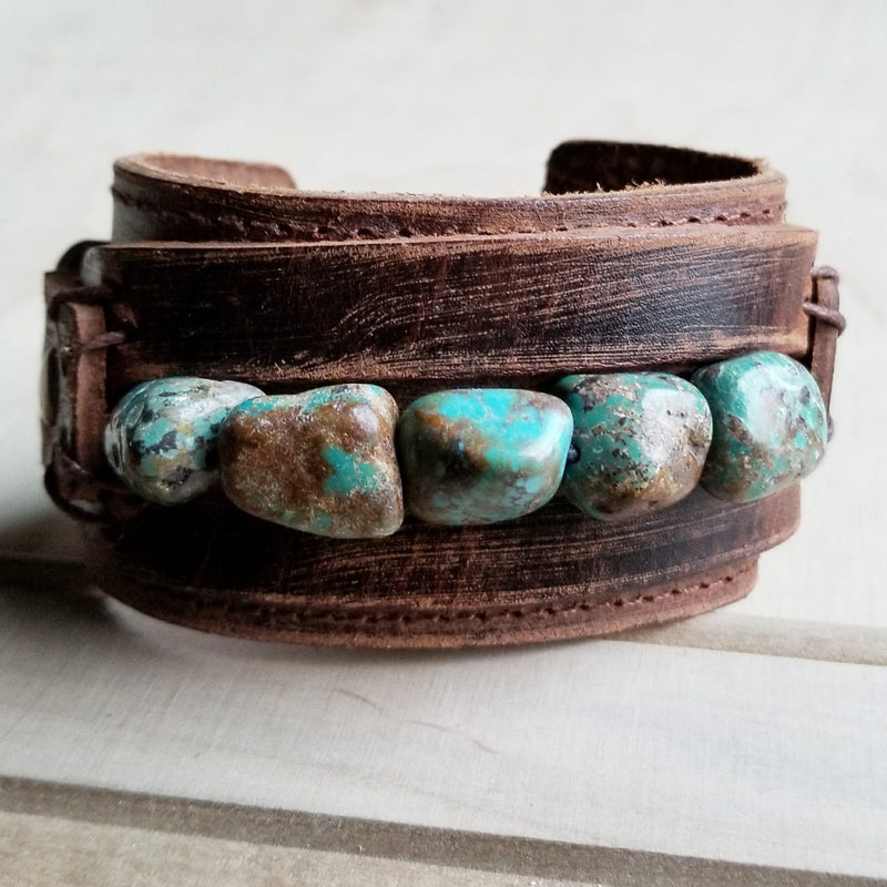 Genuine Leather Wide Cuff Bracelet w/ Natural Turquoise Chunks 006p