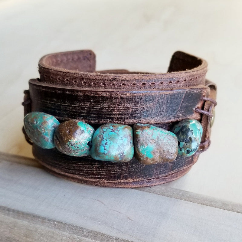 Genuine Leather Wide Cuff Bracelet w/ Natural Turquoise Chunks 006p
