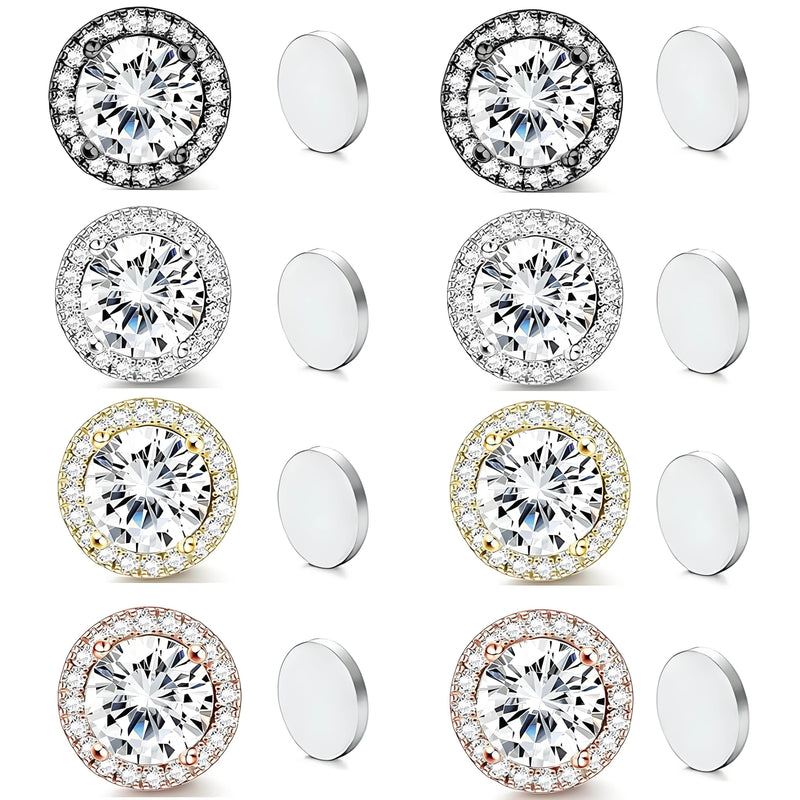 Stainless Steel Magnetic CZ Round Halo Stud Earrings for Men Women, Round Cubic Zirconia Inlaid Magnetic Earrings Non-Piercing Clip On Stud Earring