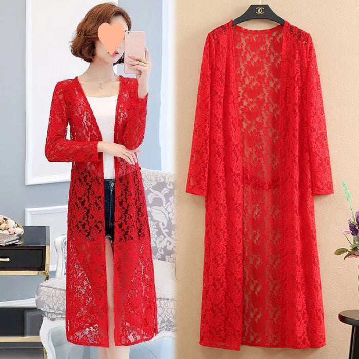 Lace Trench Coat Long Sleeve Shawl Mid-length Plus Size