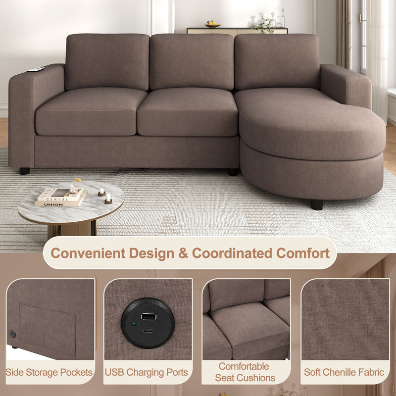 Modern L-Shaped Sectional Sofa With Curved Chaise, USB Ports, And Side Storage Pockets