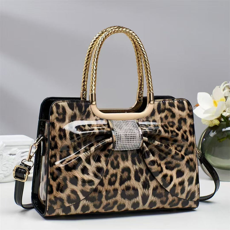 Hot-stone Embellished Fashionable Versatile Chic Leopard-print Womens Bag