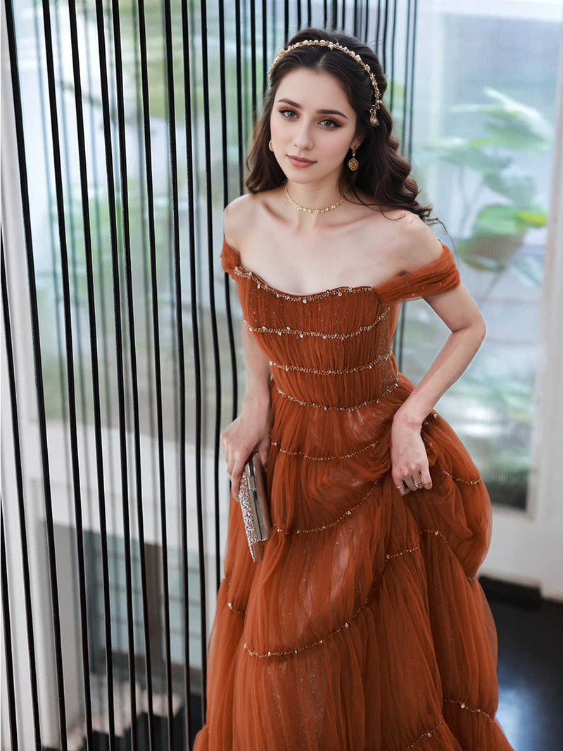 Tiered Tulle Off-Shoulder Gown with Crystal Beading