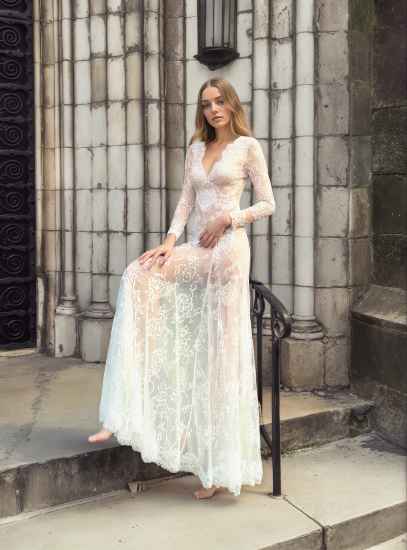 Luxury Long Sleeve Lace Sheer Robe Dress | Bridal Getting Ready & Boudoir Gown