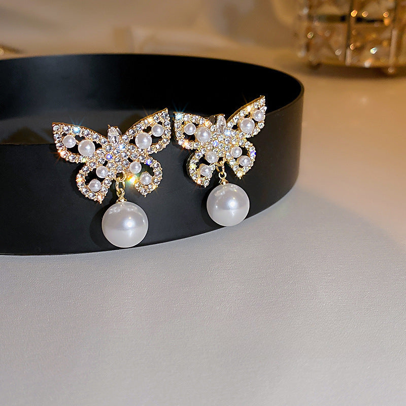 Pearl Butterfly Rhinestone Earrings for Women