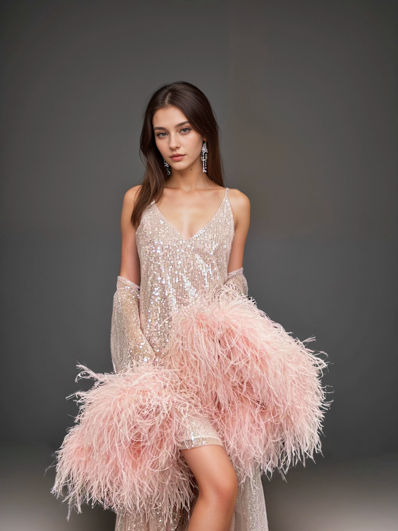 Ostrich Feather sequin mesh long robe dress with sequin nightgown pink ivory-size S-2XL next day shipping