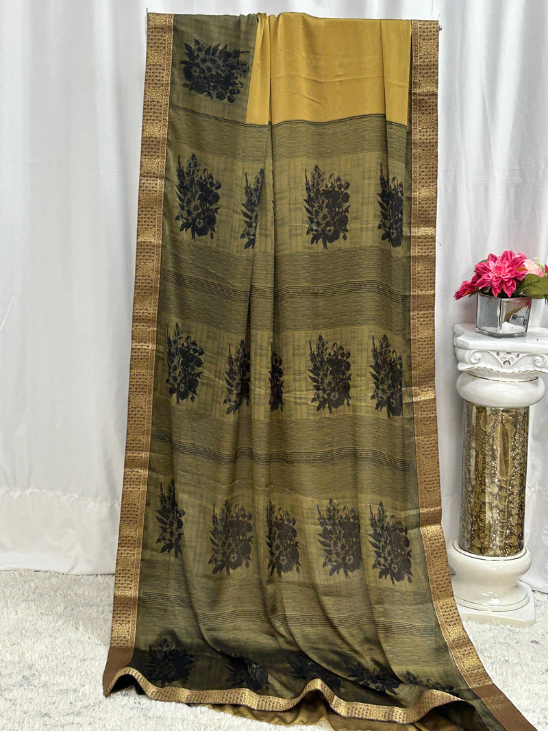 Printed Chiffon silk saree : fall pico done