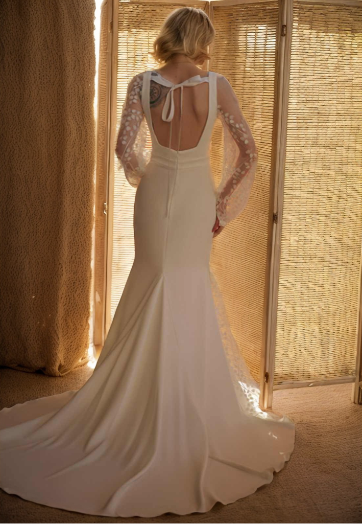 Minimalist Square Neck Wedding Dress with Sheer Embroidered Sleeves – Modern Bridal Elegance