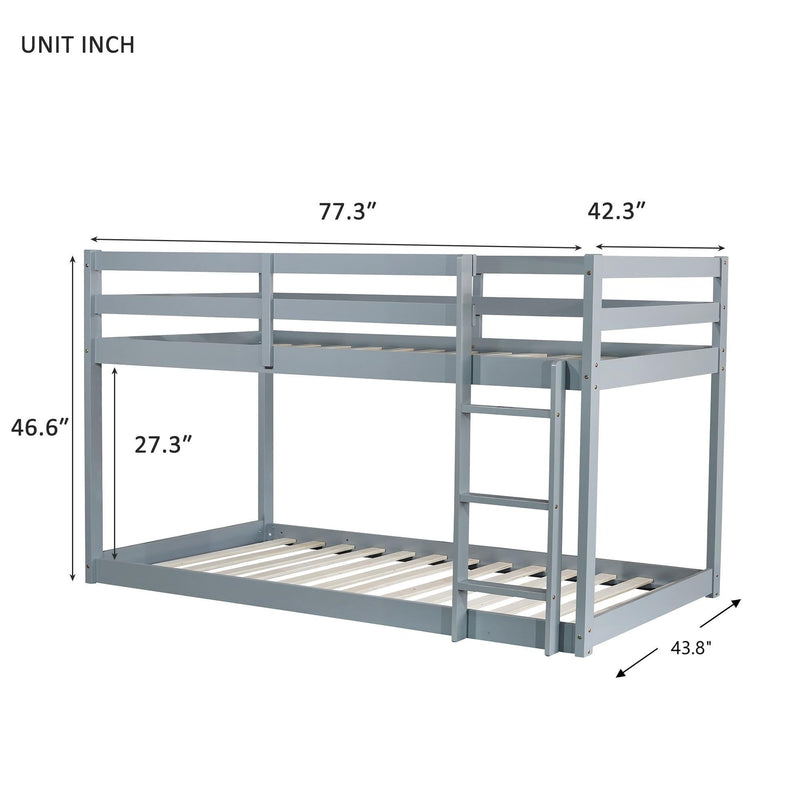 Solid Wooden , Solid Rubber Wooden Twin over Twin Floor Bunk Bed with Ladder ,Upper and Bottom Bed Platforms crafted with Strengthened Slats ,Grey