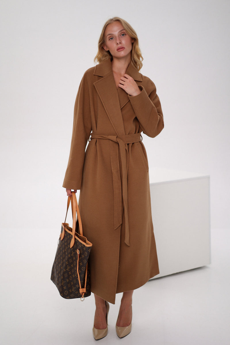 Cambridge Comfort Wraparound Wool Cashmere Coat in Dark Camel