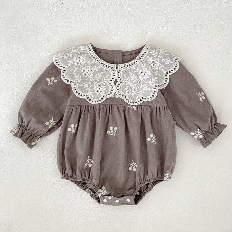 Girls Lace Romper With Long Sleeves And Embroidery