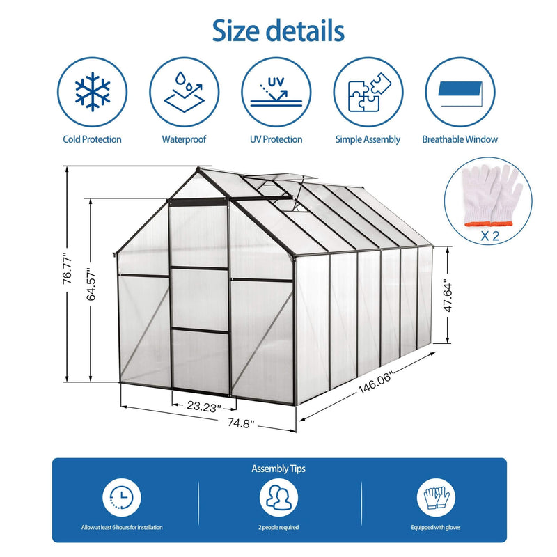 [06X12FT] Heavy-Duty Black Polycarbonate Greenhouse With Raised Base And Anchor (SAK92451)