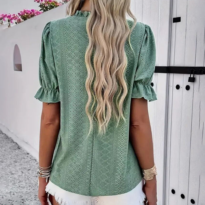 Women's Elegant Ruffle Detail Blouse Short Sleeve Round Neck Top