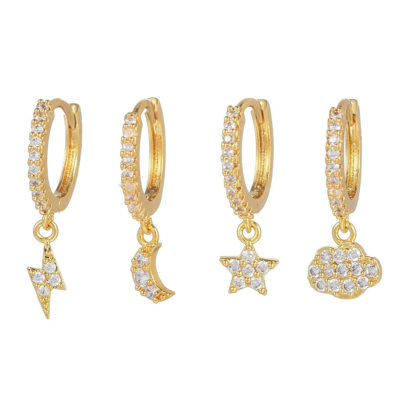 Stacking 4 Pieces Celestial Drops Earring Set, 18k Gold Hoop with Drops, S925 Needle, Stacked Lobe Designs with Dazzling Zirconia