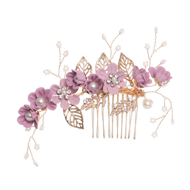 Luxury Blue Flower Hair Combs Headdress Prom Bridal Wedding Hair Accessories Gold Leaves Hair Jewelry Hair Pins