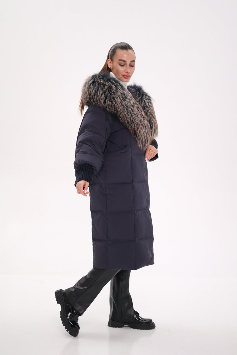 Rei Genuine Fur Trim Hooded Down Coat in Navy