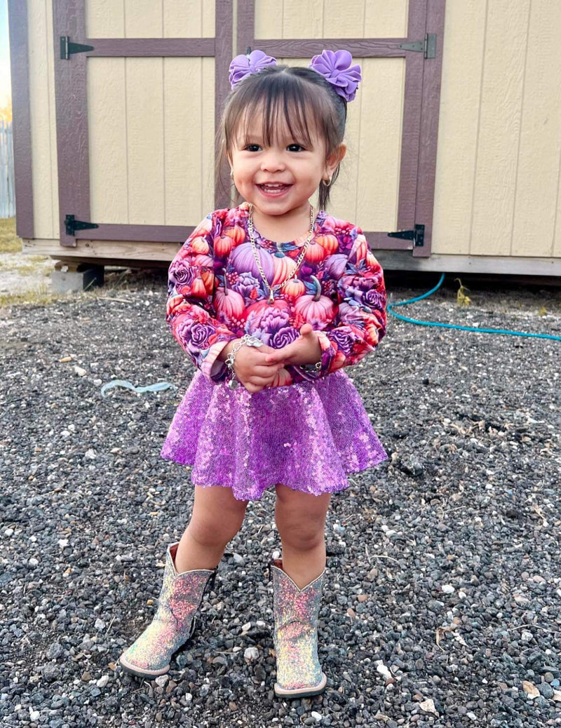 Purple pumpkin Long sleeve mesh skirted romper