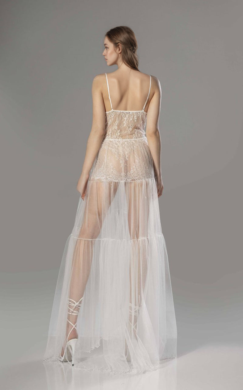 Luxury Sheer Lace Tulle Long Robe with Puff Sleeves | Bridal Boudoir Getting Ready Gown