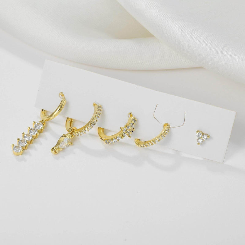 Stacking 5 Pieces Simple Clover Single-Row Serrated Ear Cuff Earring Set, 18k Gold-Plated  Teardrop Zircon Earrings, S925 Needle, Stacked Lobe Designs with Dazzling Zirconia