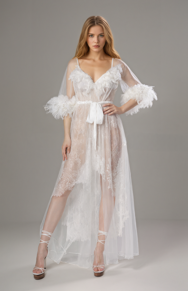 Luxury White Turkey Feather Lace Sheer Robe Dress Set | Bridal Getting Ready Gown