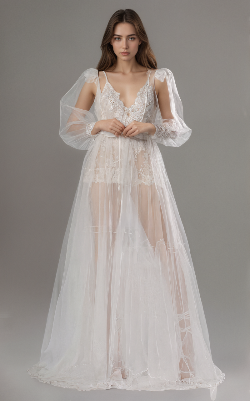 Luxury Sheer Lace Tulle Long Robe with Puff Sleeves | Bridal Boudoir Getting Ready Gown