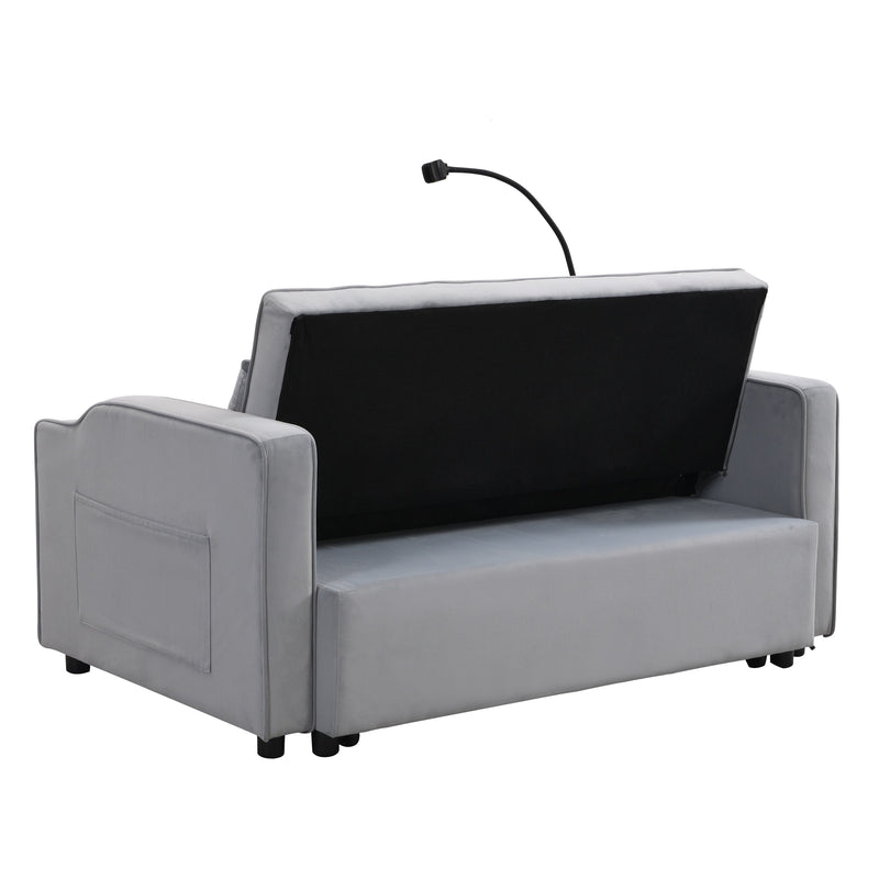 Modern Velvet Loveseat Futon Sofa Couch with Pullout Bed, Adjustable Backrest, Toss Pillows, Light Gray