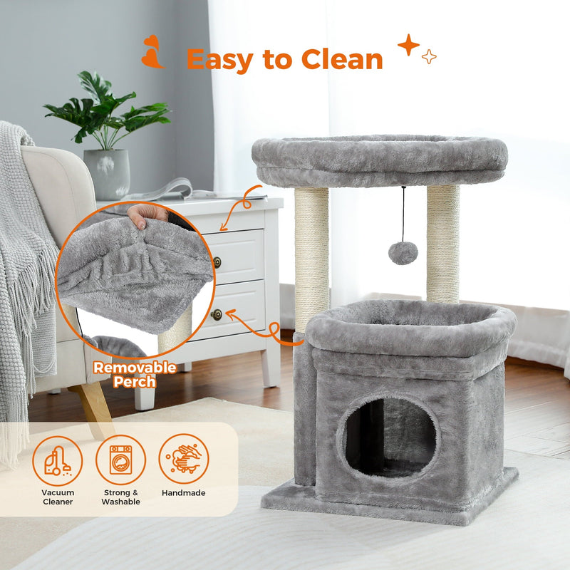 Cozy Gray Cat Tree Condo - 27" Multi-Level Tower with Spacious Perch and Scratching Posts for Kittens and Medium Cats