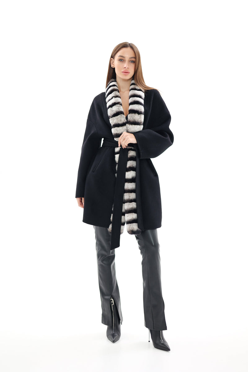 Genuine  French Orylag Fur Italian Cashmere Wool Coat 85cm