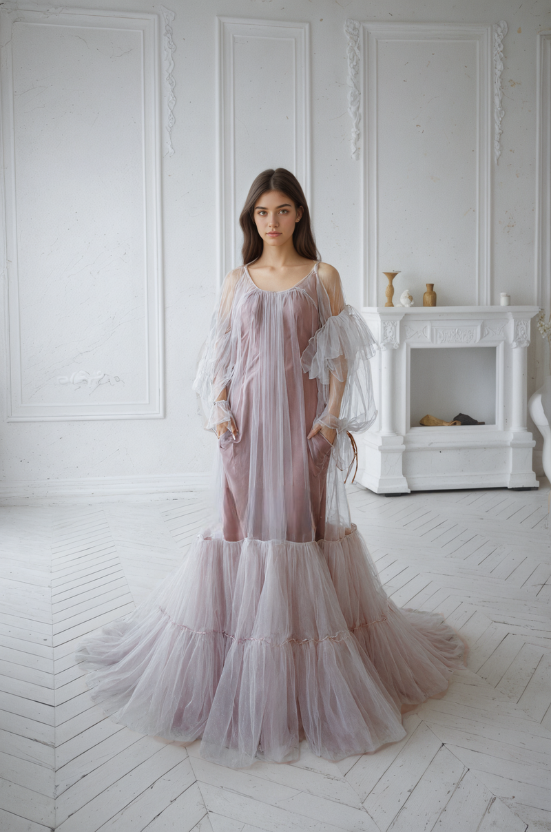 Luxury 3 colors Layered Tulle Sheer Robe Dress | Couture Ruffle Boudoir Robe Set
