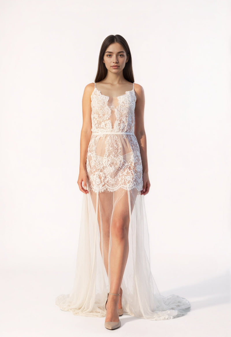 Ethereal Lace Sheer Long Robe with Flowing Train – Elegant Bridal Boudoir Gown