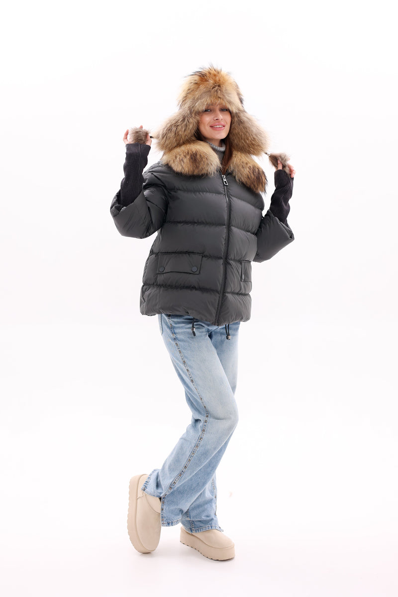 Genuine Fur Trim Down Fill Coat in Black