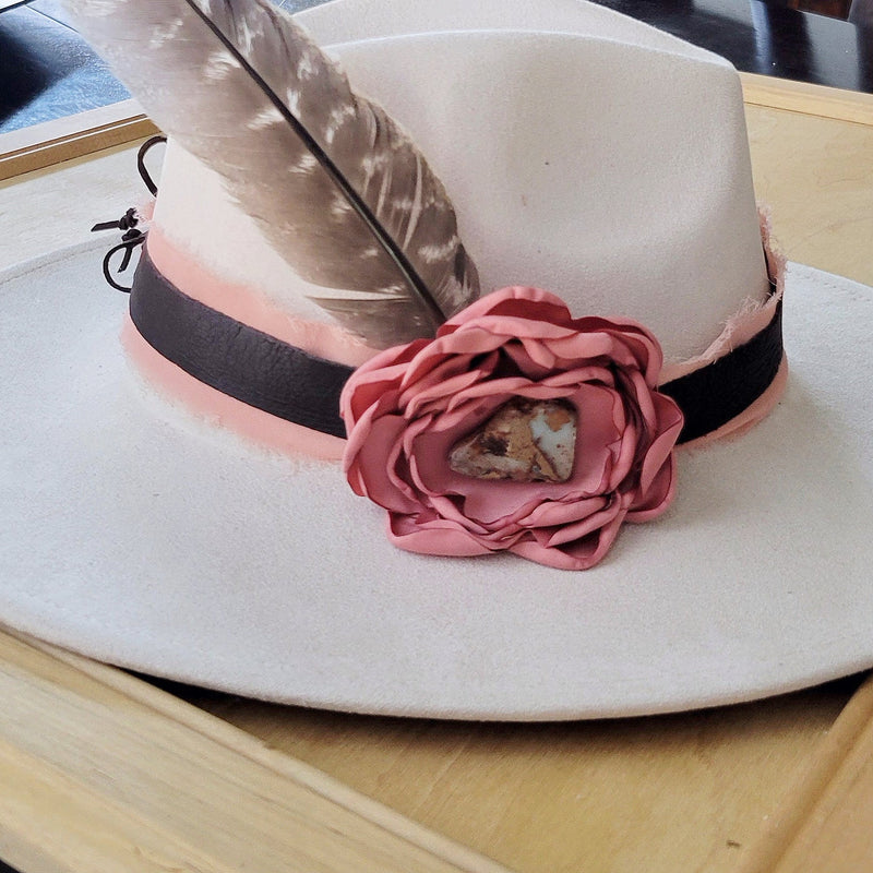Leather Hat Band w/ Silk Flower & Feathers-Rose (Band Only) 952w