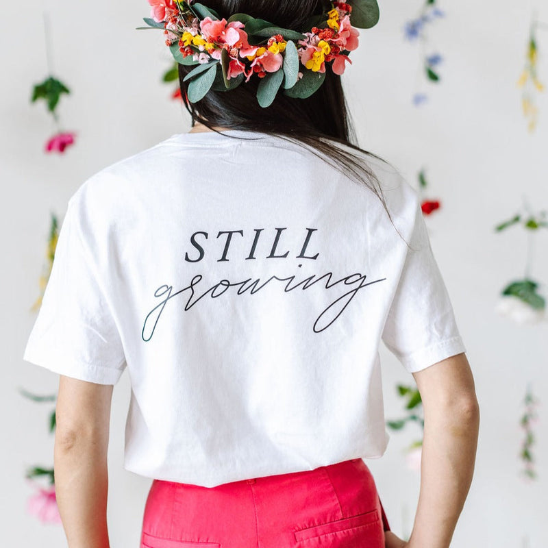 Embroidered Pocket Flowers on Front w/ Printed Still Growing on Back - Comfort Colors Tee