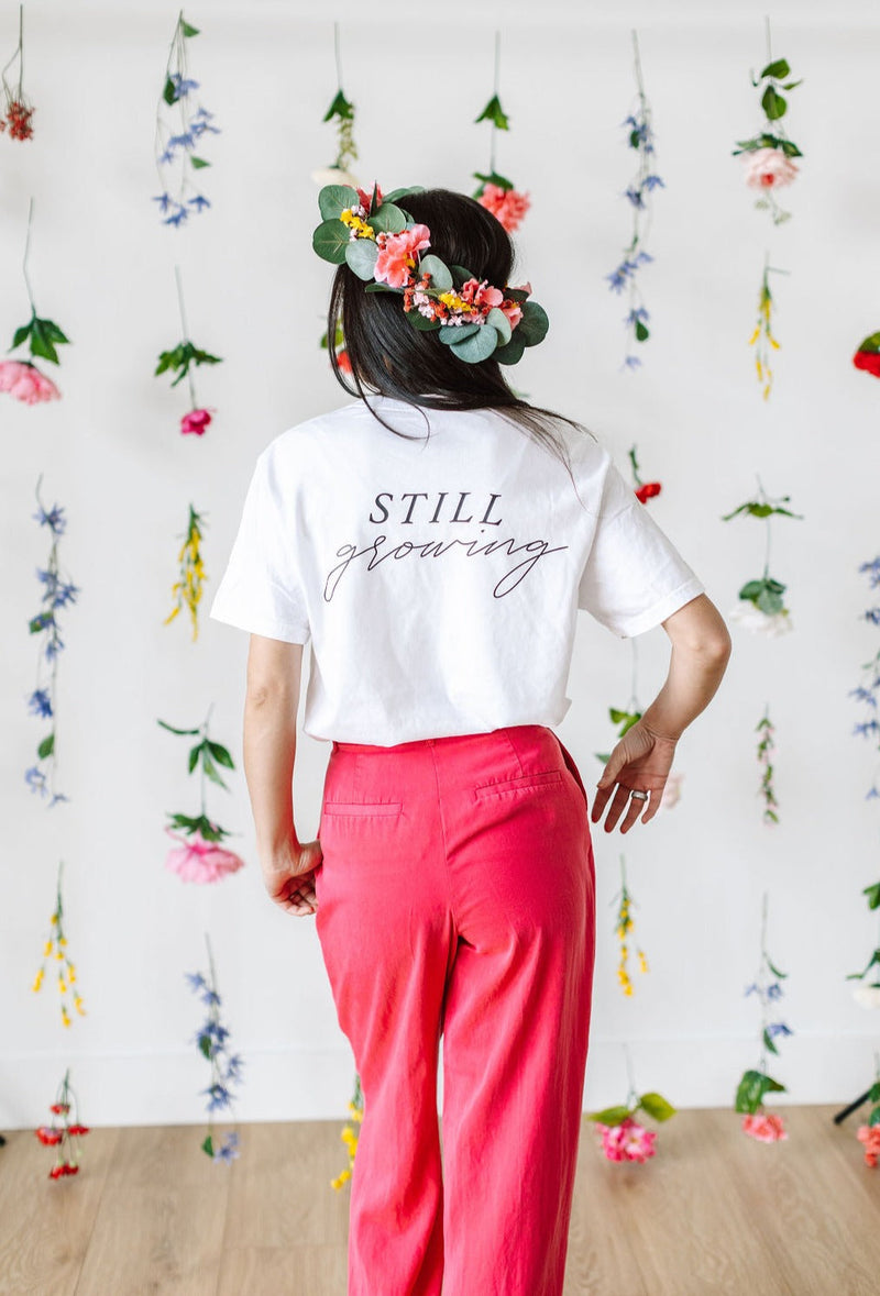 Embroidered Pocket Flowers on Front w/ Printed Still Growing on Back - Comfort Colors Tee