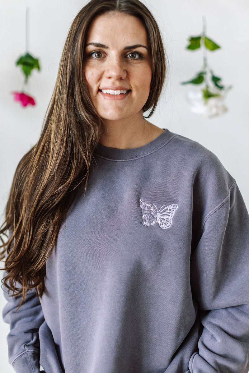 Embroidered/Printed PIGMENT Crewneck (pf&b) - Floral Butterfly / Growth Takes Time