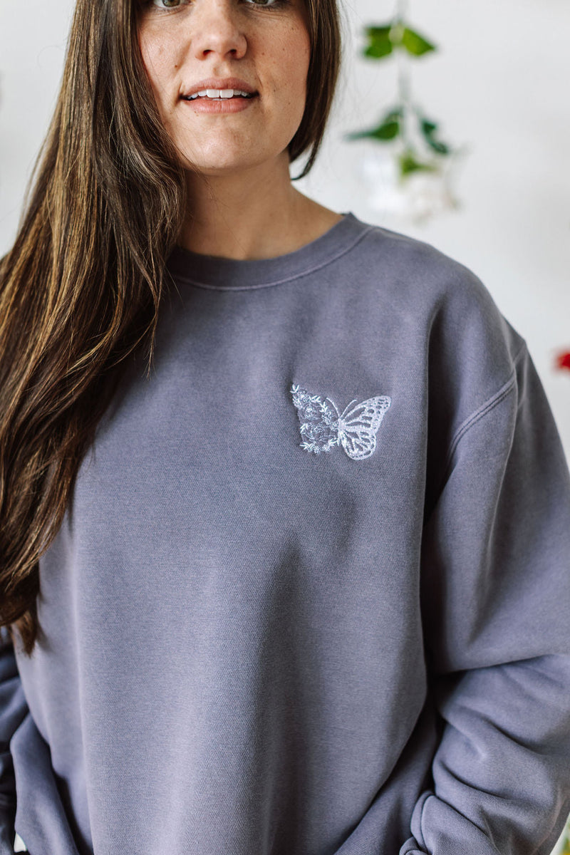 Embroidered/Printed PIGMENT Crewneck (pf&b) - Floral Butterfly / Growth Takes Time