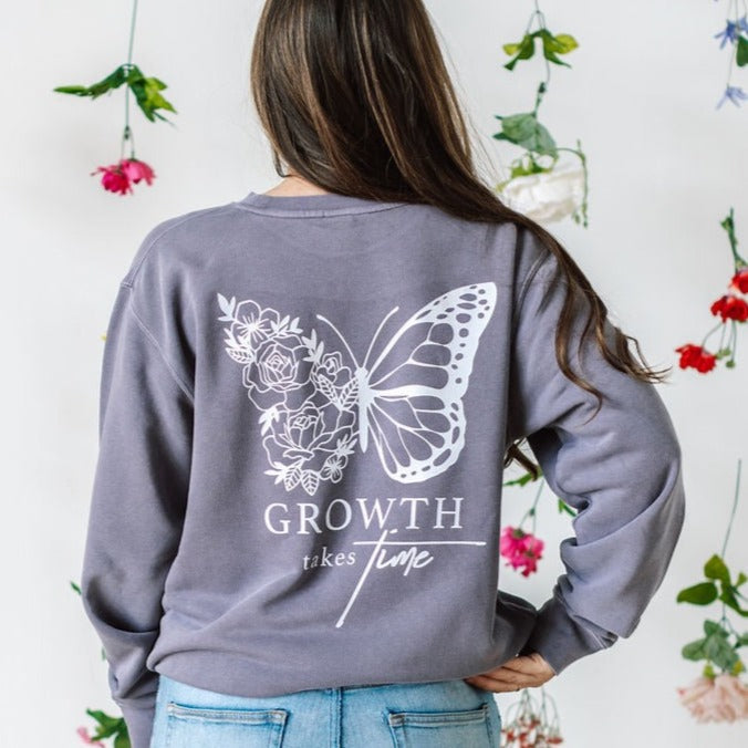 Embroidered/Printed PIGMENT Crewneck (pf&b) - Floral Butterfly / Growth Takes Time