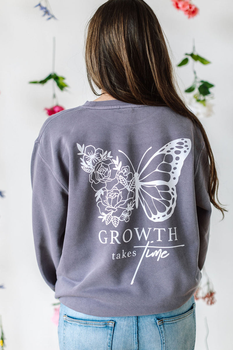 Embroidered/Printed PIGMENT Crewneck (pf&b) - Floral Butterfly / Growth Takes Time