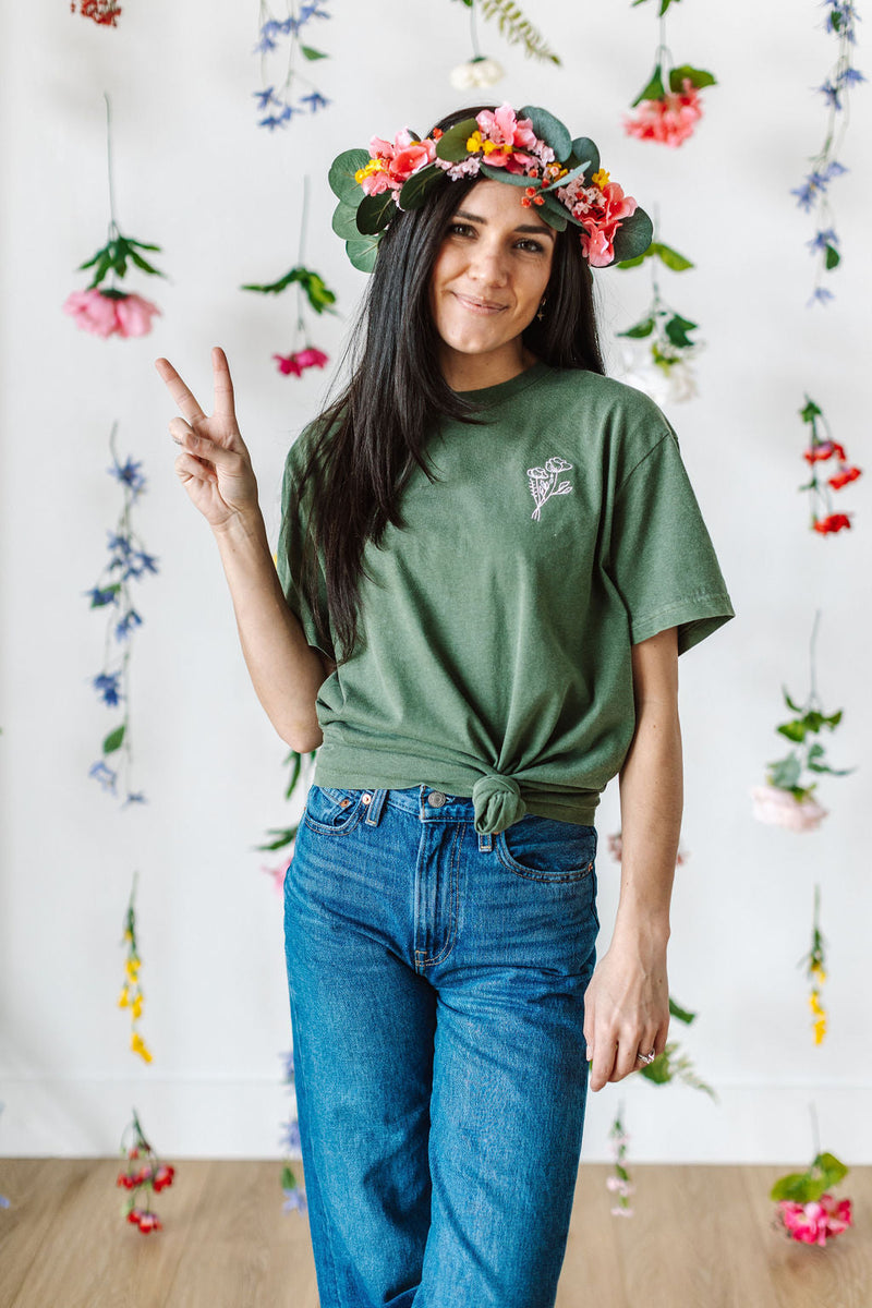 Embroidered Pocket Flowers on Front w/ Printed Still Growing on Back - Comfort Colors Tee