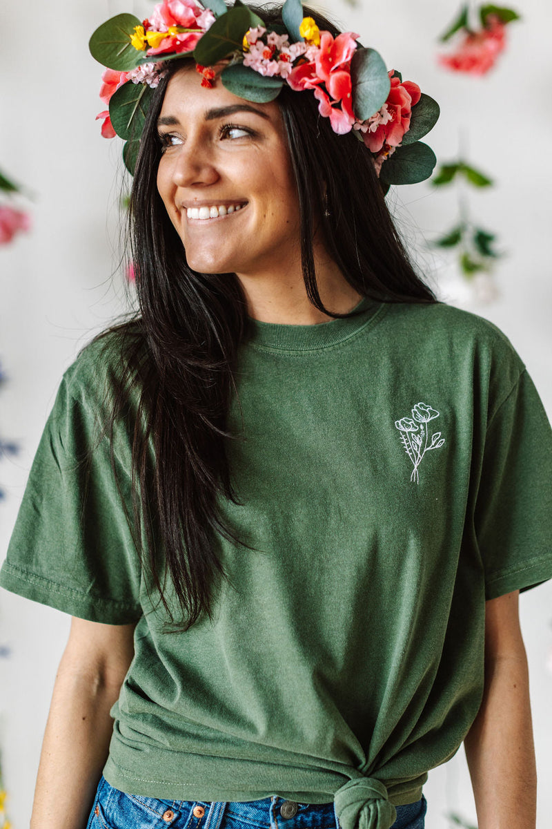 Embroidered Pocket Flowers on Front w/ Printed Still Growing on Back - Comfort Colors Tee
