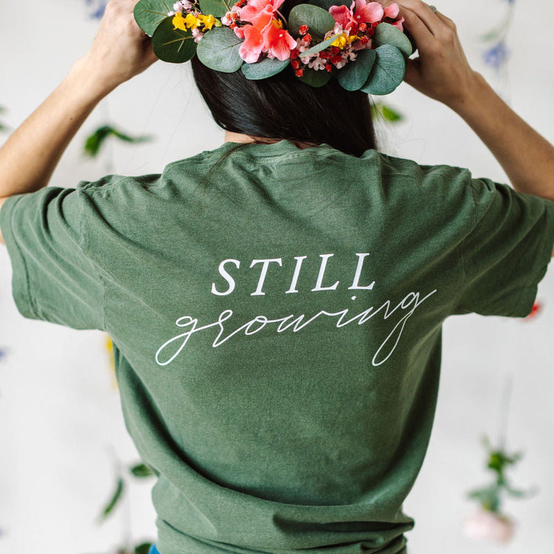 Embroidered Pocket Flowers on Front w/ Printed Still Growing on Back - Comfort Colors Tee