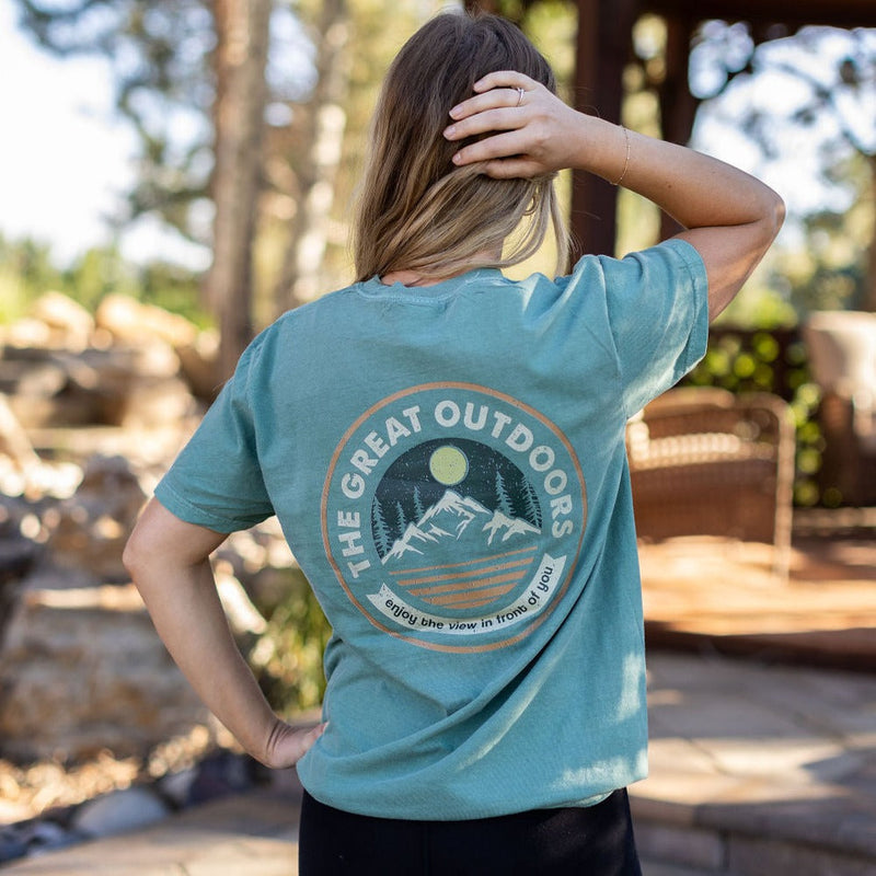 Embroidered Pine Trees (on front) / Printed The Great Outdoors (on back) - Light Green Pocket Tee
