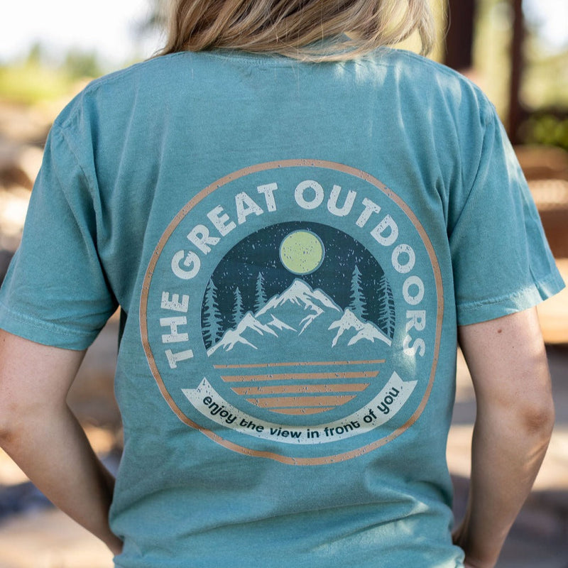 Embroidered Pine Trees (on front) / Printed The Great Outdoors (on back) - Light Green Pocket Tee