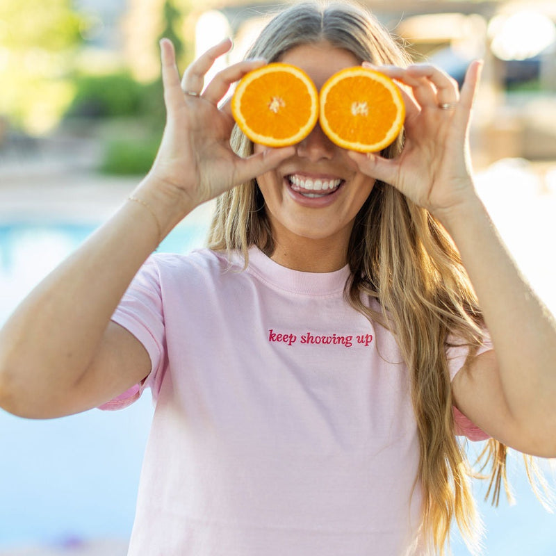 Embroidered Keep Showing up (center) / Printed You're Doing a Good Job (on back) - Soft Pink Comfort Colors Tee